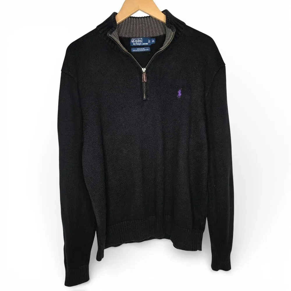 Polo Ralph Lauren Quarter Zip Pullover Sweater Men Black Knit Purple Pony‎ XL